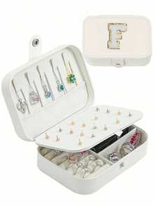 1 件情人节礼物旅行珠宝盒，PU 皮革珠宝收纳盒，女士女孩双层便携式迷你旅行盒展示收纳盒，适用于耳环、戒指、项链、手链 - 白色 - 查看 30