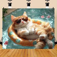 1 Fun Pool Cat Banner, Equipped With Fashionable Glasses And Inflatable Lifebuoys - A Magical Orange White Cat In The Water, Suitable For Indoor And Outdoor Activities, Courtyard And Garden Celebrations Decoration | Fun Patterns | High-Quality Background