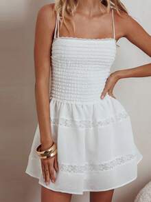 Women's Graduation Slip Dress Sheer Lace Patchwork Sleeveless Tie Spaghetti Strap Backless Mini Dress - White - View 2