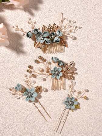 4pcs/Set Elegant Gold Ditsy Floral Decorated Zinc Alloy Hair Combs & Pins, Stunning Boho Design, Suitable For Spring, Summer, Autumn
