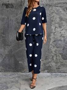 2pcs Casual Polka Dot Print Round Neck Top And Pants Set For Women, Spring/Summer