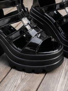 Retro Punk Color Block Patchwork PU Leather Roman Sandals, Party & Summer Wear