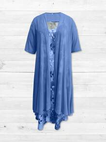 Abito stampato floreale elegante senza maniche, con cardigan lungo, set da 2 pezzi, adatto per tutte le stagioni, taglie comode