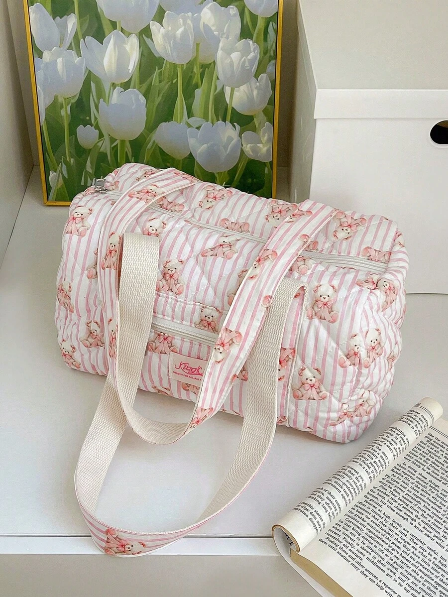 1PC Bowknot Floral Stripe Pattern Quilting Stylish Duffel Bag Girls Weekend Bag Short Trip Tote Bag,Girls Travelling Bag Shoulder Bag, Girls Sport Bag ,Mummy Bag ,Nappy Bag ,Yoga Bag Quilted Zipper Handbag Suitable For Ladies And Girls, Gift For Valentines Gift ,New Year Gift - Multicolor - View 1