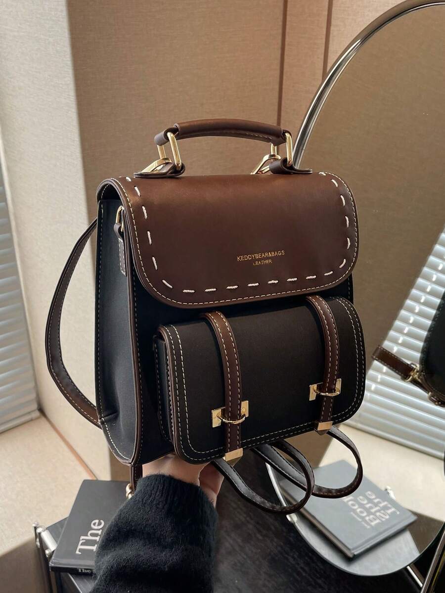Lightweight,Portable Vintage Color Block Small Backpack/Shoulder Bag For Women School Backpack For College Students Perfect For College,Business,Work,Commute,Back To School,School Bag,Portable,Laptop Compartment,Large Capacity,For Teen Girls Women College Students,College,Middle School,High School,Outdoors,Travel,Outings,Elementary School,Office - 黑色 - 查看 1