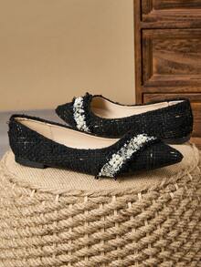 WHDXY Women's Pointed Toe Slip-On Flats, French Style Low-Cut Party Pearl Decor Soft Sole Work Shoes, Fairy Breeze Furry Casual Slip-On Loafers