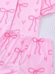 2 件女童甜美蝴蝶结和心形印花短袖睡衣套装，轻盈夏季新款开衫，可爱粉色大蝴蝶结，适合小女孩和大女孩日常穿着、家居服或睡衣 - 粉色 - 查看 7