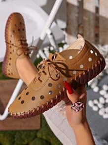 Women's Spring/Summer New Leather Flat Brown Casual Shoes, Hollow Design Round Toe Lace-Up Sandals, Breathable Comfortable Non-Slip