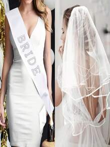 1 Conjunto Alça de Véu de Noiva, Fita de Cetim com Letra de Pérola Artificial, Decoração de Vestido de Noiva, Véu de Noiva, Adequado para Casamento e Despedida de Solteira
