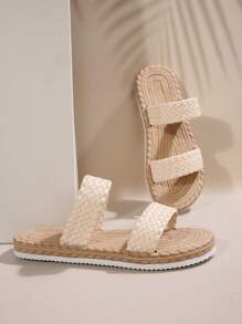 Plus Size Women's Summer New Fashion Wide Weaving Straw Bohemian Style Beige Braided Rope Sole Casual Slippers, Lightweight Comfortable Slip-On Beach Sandals, Non-Slip