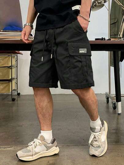 Pantalones cortos de trabajo de ocio multibolsillo para hombre, con parches con estampado de letras en los bolsillos, pantalones cortos de verano para viajes, con cinturilla con cordón, adecuados como regalo para esposos y novios