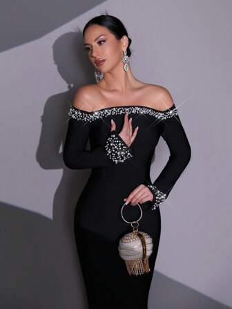 Neues schwarzes langärmliges Off-Shoulder Kleid mit handgefertigter Nagel-, Perlen- und Diamantenverzierung, enge, schlanke, lange Passform, elegantes Hochzeit Brautjungfernkleid für Gäste, Geburtstags-Party, Feiertage, Galaveranstaltungen, formelle Abendgarderobe