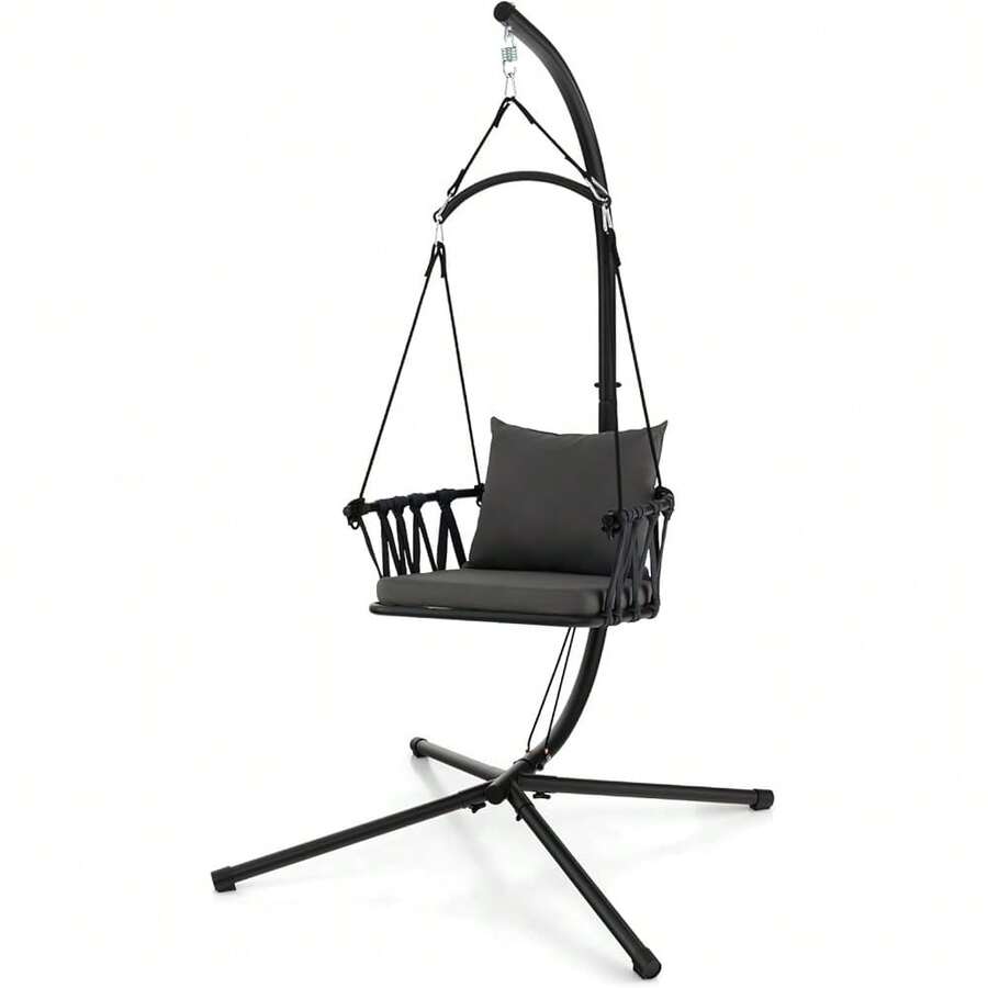 2025-NEW RELAX4LIFE Hanging Chair  Stand, Garden Patio Swing Chair  Cushions And Woven Backrt, Indoor Outdoor Hammock Chair For Backyard, Balcony, Living RoomParentGray + Black - Bildfarbe - View 1
