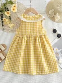 Young Girls Sweet And Cute Style Grid Print Woven Fabric Lace Trim Collar Tank Dress For Summer