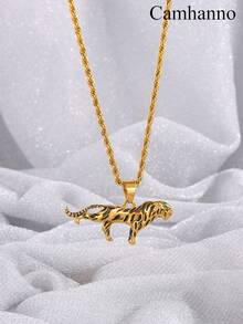 1入時尚創意精緻中性不銹鋼扭轉鏈老虎項鍊，適合日常佩戴，不褪色 - 金色 - 查看 1