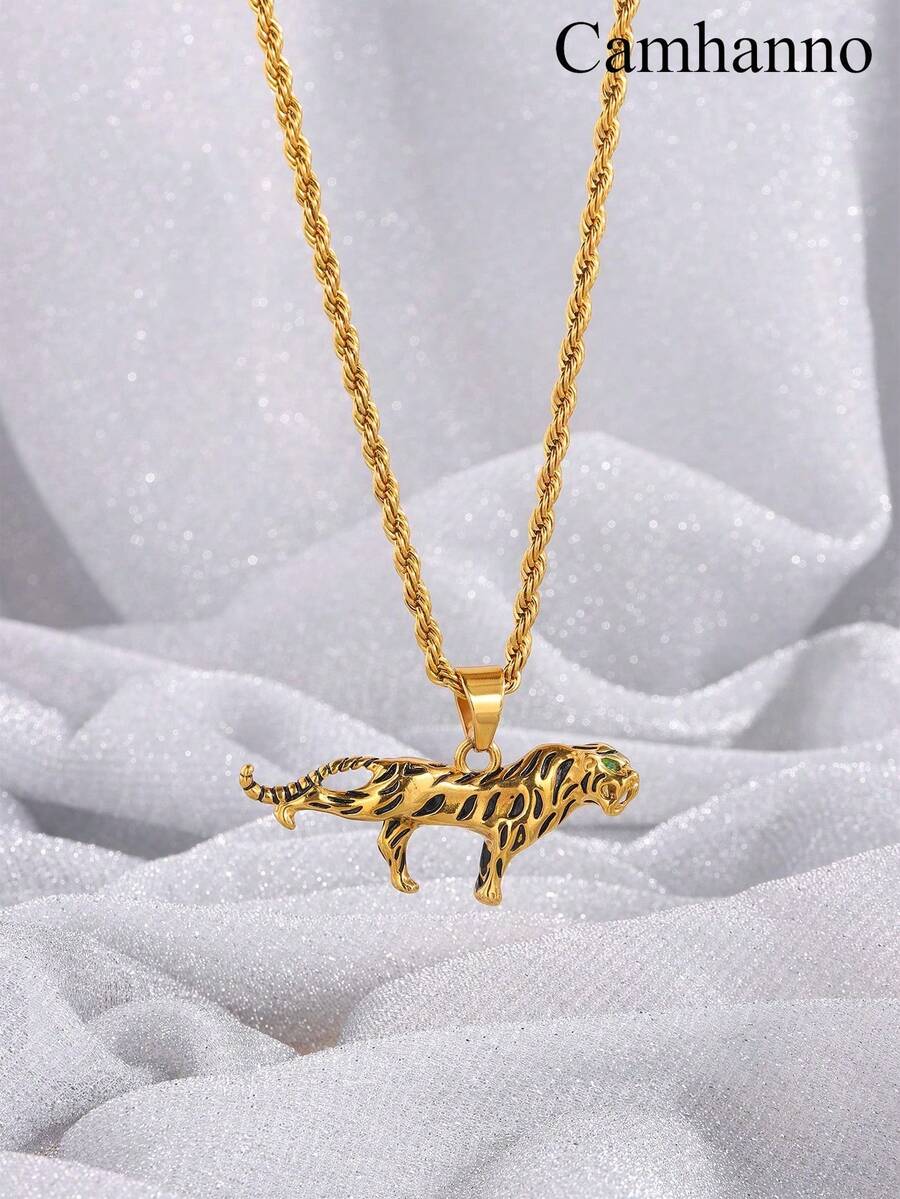 1入時尚創意精緻中性不銹鋼扭轉鏈老虎項鍊，適合日常佩戴，不褪色 - 金色 - 查看 1