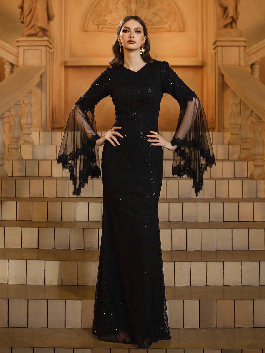 Black Sequin V-Neck Mesh Sleeves Prom Dress - Black - View 1