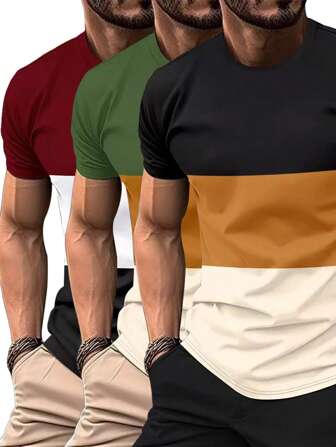 3pcs/Set Men's Summer Casual Sports Outdoor Daily Holiday T-Shirts, Basic Color Blocking Round Neck Short Sleeve Top Tee