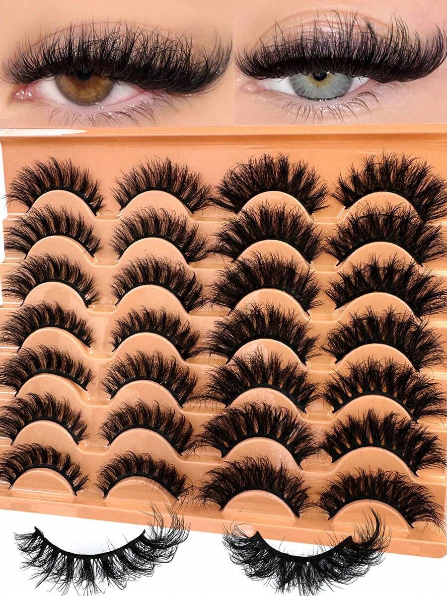 14 Pairs Luxury 3D Faux Mink Eyelashes - Thick, Fluffy And Elegant D Curl False Lashes, Natural Looking Fake Lashes With Wise Stripes, Fluffy Cat Eye Lashes, Suitable For Bold Eye Makeup, Reusable, For Beginners, Suitable For All Occasions - 眼尾拉長款 - 查看 1