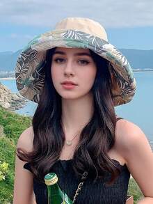 1pc Outdoor Wide Brim Sun Hat, Double-Sided Floral Pattern Reversible Sun Protection Beach Hat, UV Protection Bucket Hat