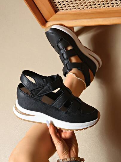 Women's Thick-Soled Sports Sandals, Waterproof And Breathable, Closed-Toe Roman Style, New Fashion Hollow Wedge Sandals, Contrasting Color Hook And Loop, Summer High-Heeled Sandals.