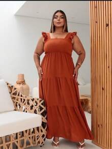 Vestido longo plus size, com alça, babado três marias, latex nas costas, moda femenina, elegância, versátil, em tecido duna. - Laranja Queimado - Visão 4
