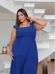 Long Plus Size Dress, With Straps, Three-Mariah Ruffle, Latex On The Back, Women's Fashion, Elegance, Versatile, In Duna Fabric. - Royal Blue - View 1