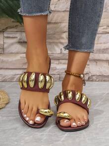 女士金色金属扣装饰圆头一脚蹬平底凉鞋，舒适夏季时尚拖鞋 - 酒紅色 - 查看 4