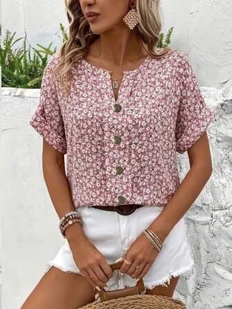 Top boutonné élégant à fleurs à manches courtes pour femmes, printemps, été et automne. Hauts décontractés confortables pour femmes, T-shirts