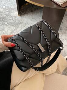 Fashionable Versatile Diamond Lattice Chain Strap Crossbody Shoulder Bag - Black - View 8