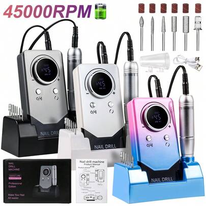 45,000转/分钟 USB-C 充电式美甲磨甲器 - 三种颜色可选，包含桌面支架和6个磨头，无线调速，静音便携，适合美甲沙龙/家庭DIY