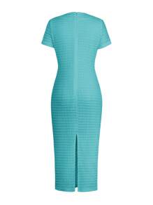 Unadoll Women's Short Sleeved Round Neck Zipper, Fake Buckle Design, Slit, Elegant Winter Dress, Suitable For Dates, Commuting, Weddings, Christmas, Thanksgiving Wearing Day, Short Sleeved Solid Color Dress - Teal Blue - View 5
