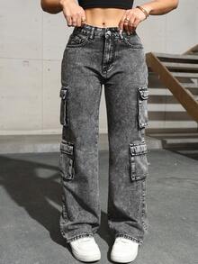 Quần jeans cargo nữ cỡ lớn với túi nắp bên hông, phong cách tối giản, thoải mái, thích hợp mặc hàng ngày, mùa xuân. - Xám - Xem 3