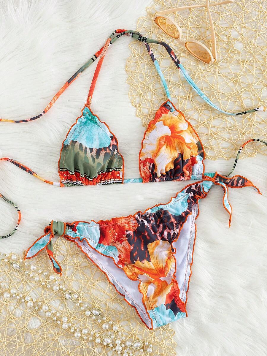 Women's Cute Floral Lace Pleated Bikini Two Pieces Set, Suitable For Summer Island Vacation Swimming - Multicolor - View 1