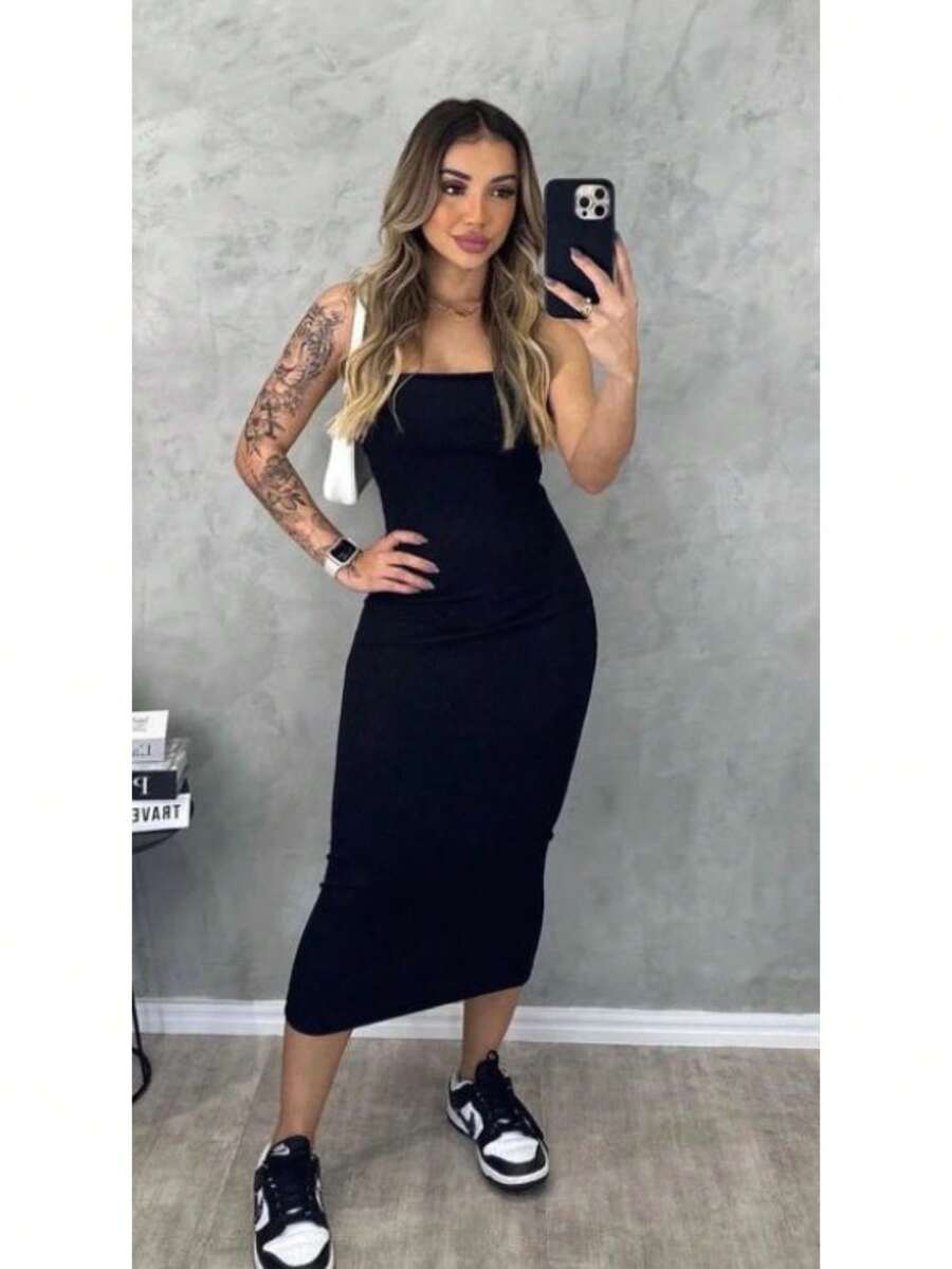 Strapless Ribbed Midi Dress In ANARRUGA FABRIC - Black - View 1