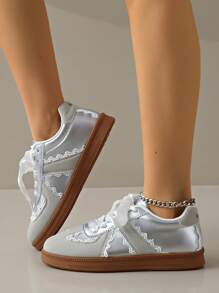 Women's Casual Preppy Style Low-Top Sneakers, Comfortable Canvas Flat Shoes With Lace-Up