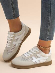 女士帆布运动鞋，平底休闲鞋，韩版时尚，百搭白色运动鞋 - 米色 - 查看 2