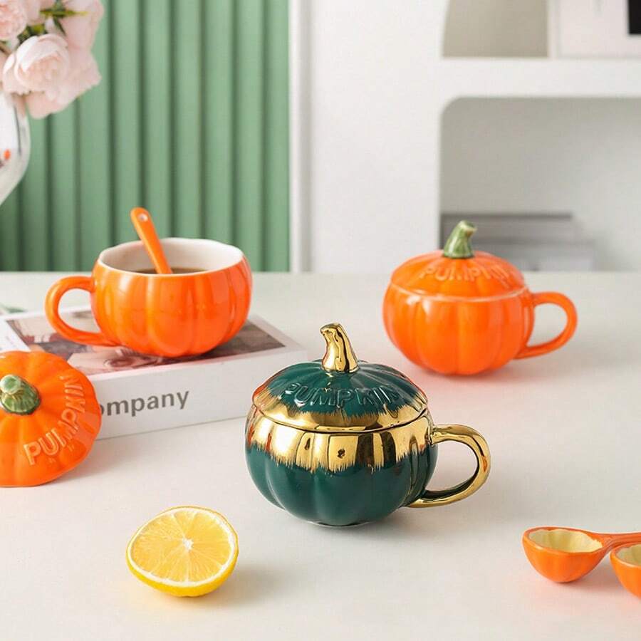 3件套（1个杯子、1个盖子、1个勺子）可爱南瓜牛奶杯、个性化水杯、带盖陶瓷早餐燕麦杯套装、咖啡杯、圣诞前夜带盖陶瓷南瓜造型杯、茶杯、家用陶瓷杯 - 彩色 - 查看 1