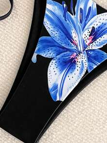 新品上市 黑色百合花朵印花吊带背带交叉吊带比基尼套装 配侧系带丁字裤 - 黑色 - 查看 4