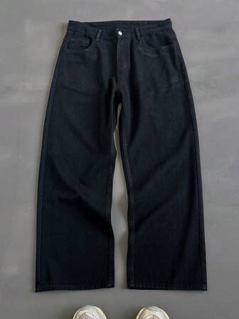 HEHCN Men's Vintage Distressed Black Loose Straight-Leg Casual Jeans, Wide-Leg Pants, Suitable Gift For Husband/Boyfriend, Grunge