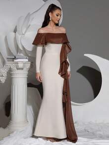 新款女士性感露肩长袖荷叶边紧身长款绷带连衣裙优雅婚礼宾客伴娘节派对晚宴连衣裙 - 卡其色 - 查看 5