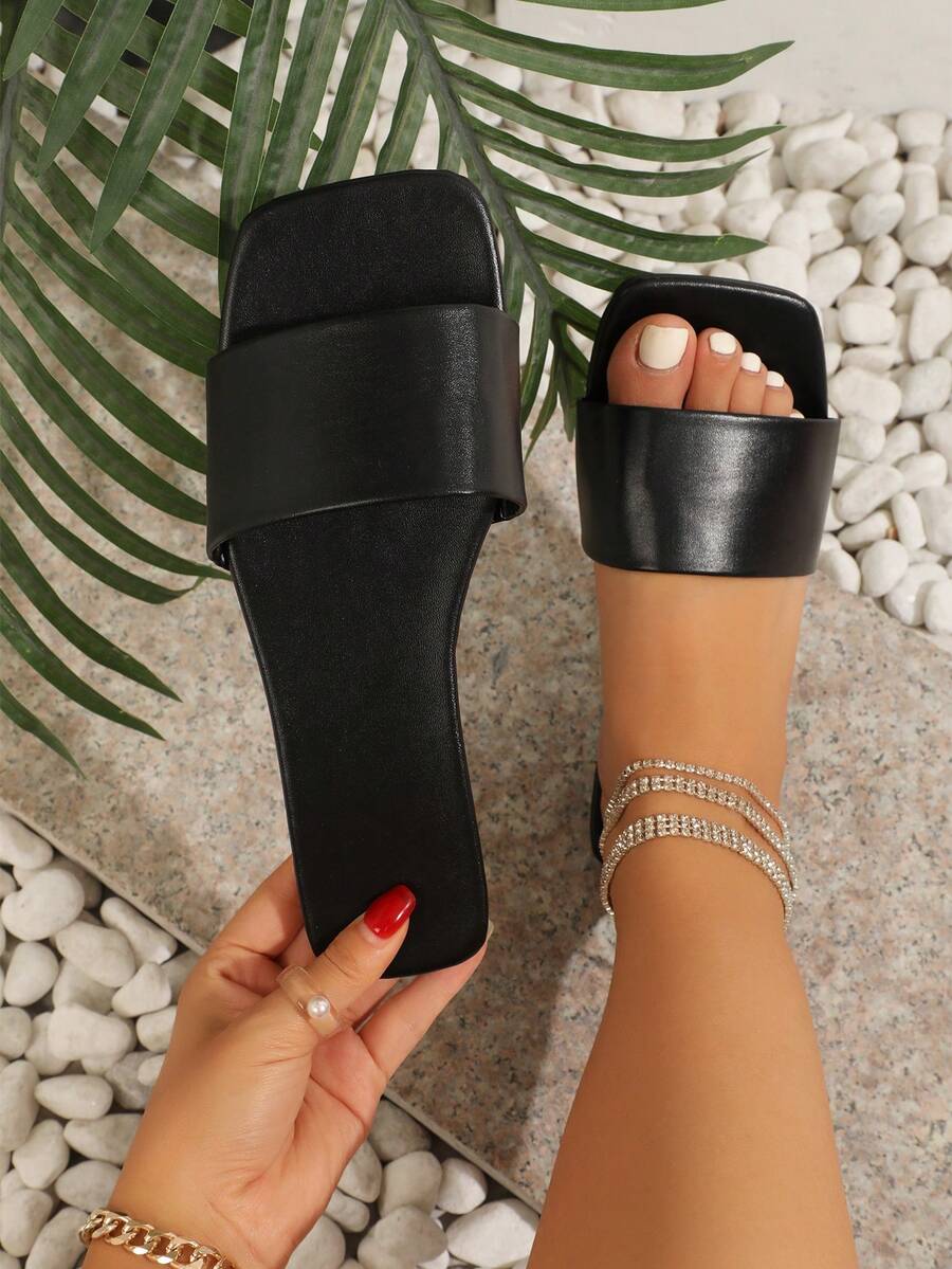 Women's Fashionable Flat Square Toe Strap Slip-On Sandals, White, Versatile Spring/Summer New Arrival - Black - View 1