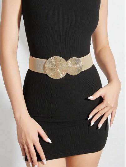 1 pieza Cinturón elástico tejido en beige con hebilla metálica redonda, adecuado para vestidos, faldas, camisas para uso diario, citas, fiestas, viajes de verano, escuela de otoño, otoño, Halloween