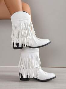 2025 Autumn/Winter New Pointy Toe Fringe Lace-Up Embroidery Western Boots, Outdoor Fashionable Slip-On Leather Boots