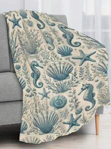1pc Cozy & Warm Seashell & Starfish Flannel Blanket, Sports Style, Keeps Warm, Stain Resistant, Perfect Gift For Holiday, Birthday And Special Occasions