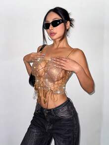 1pc Women's Sexy Metal Crystal Straps Cami Tank Top, Suitable For Party, Bar, Music Festival, Holiday And Everyday Wear - Gold - View 4