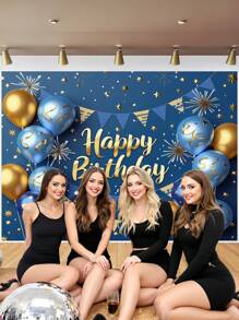 1pc 3D Blue And Gold Happy Birthday Photography Backdrops Glitter Stars Fireworks Balloons Flags Photo Background 59.1*39.4/82.7*59.1/106.3*70.9 Inches Newborn Shower Party Banner Indoor Outdoor Decoration Supplies