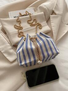 Fashionable Color Block Striped Fabric Chain-Strap Mini Bucket Crossbody Bag - Blue and White - View 8