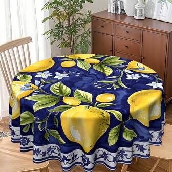Ronde tafelkleed in mediterrane stijl, 60/70 inch polyester, ronde tafelkleed met citroenprint voor de zomer, geschikt voor restaurants, picknicks, bars en feesttafeldecoratie
