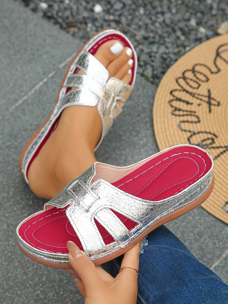 大码 36-43 夏季新款时尚休闲金色坡跟凉鞋，日常穿着露趾轻便银色女士坡跟厚底凉鞋 - 銀色褶皺 - 查看 1